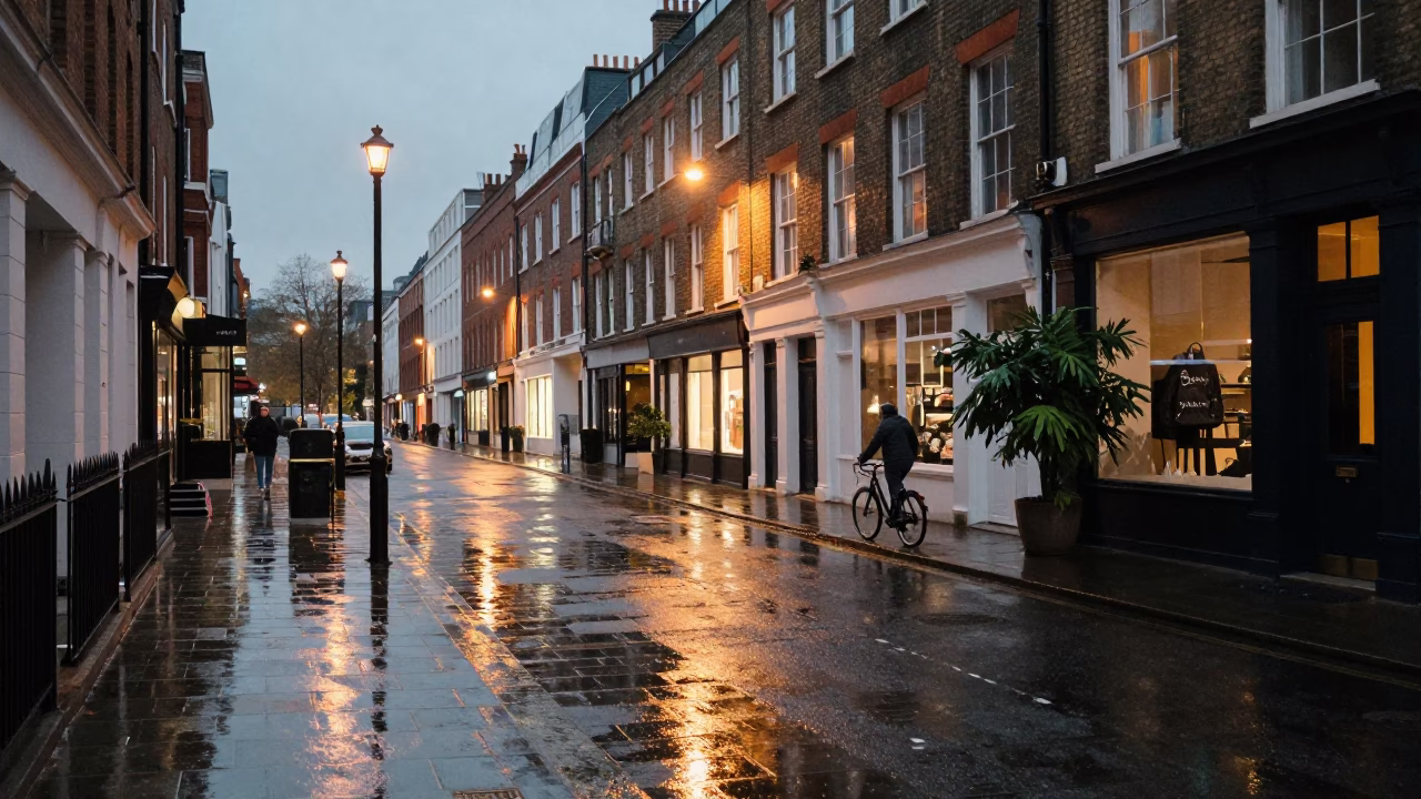 London Evening Street Scene with Condensation and Houseplant in Window in in London, United Kingdom