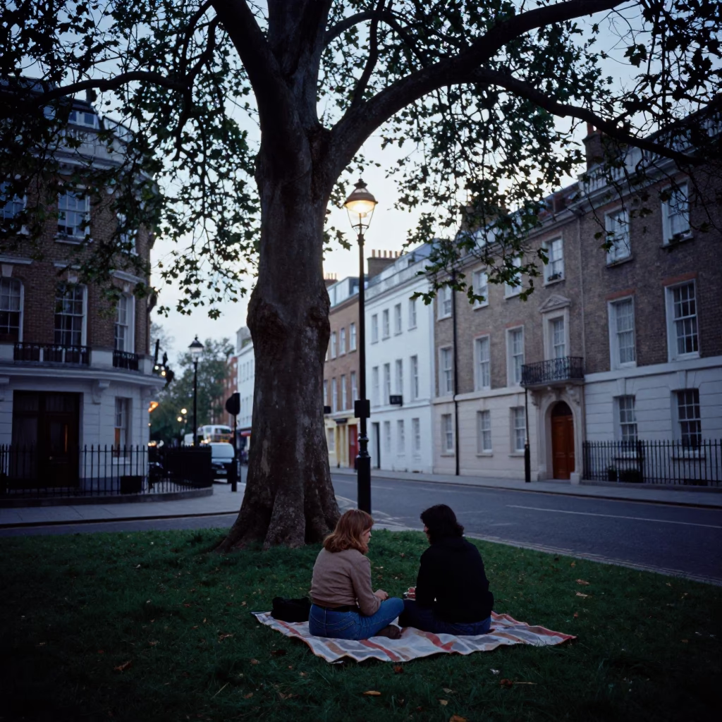 London Evening Street Scene with Copper Beech Tree and Picnic Blanket in in London, United Kingdom
