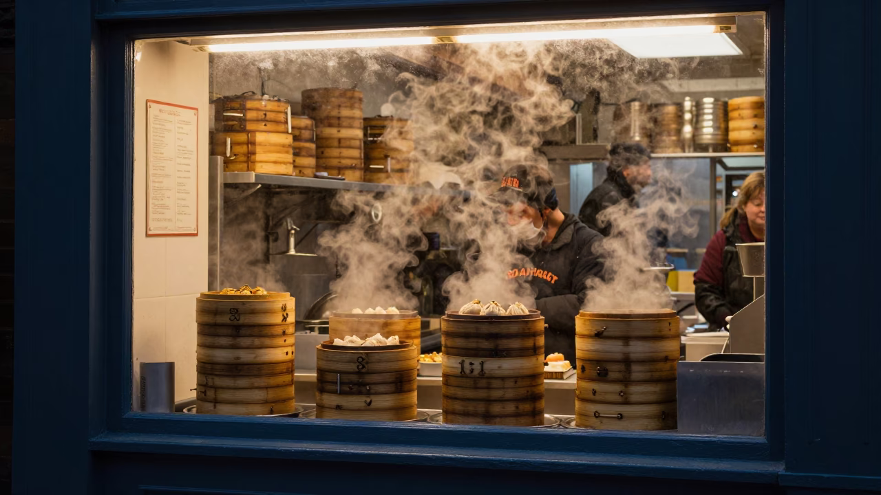 London Evening Street Scene with Dim Sum Steamers and Coats on Hooks in in London, United Kingdom