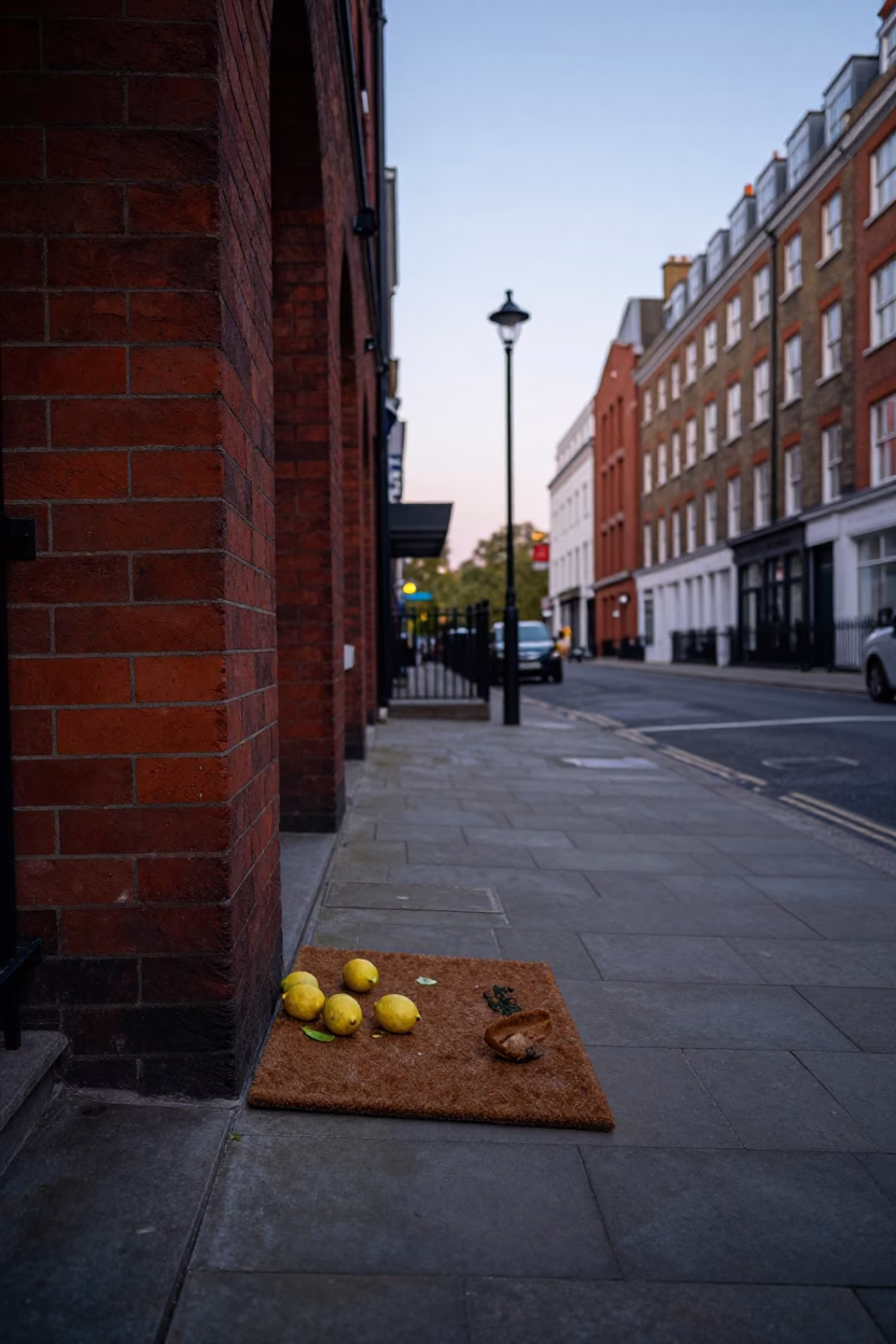 London Evening Street Scene with Doormat and Lemons on Cobblestone Sidewalk in in London, United Kingdom