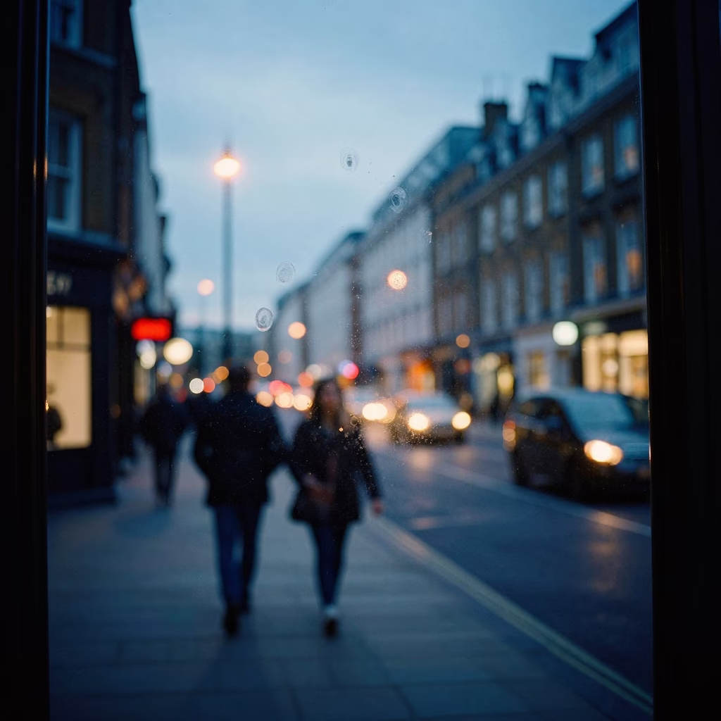 London Evening Street Scene with Fingerprints on Glass and City Lights in in London, United Kingdom