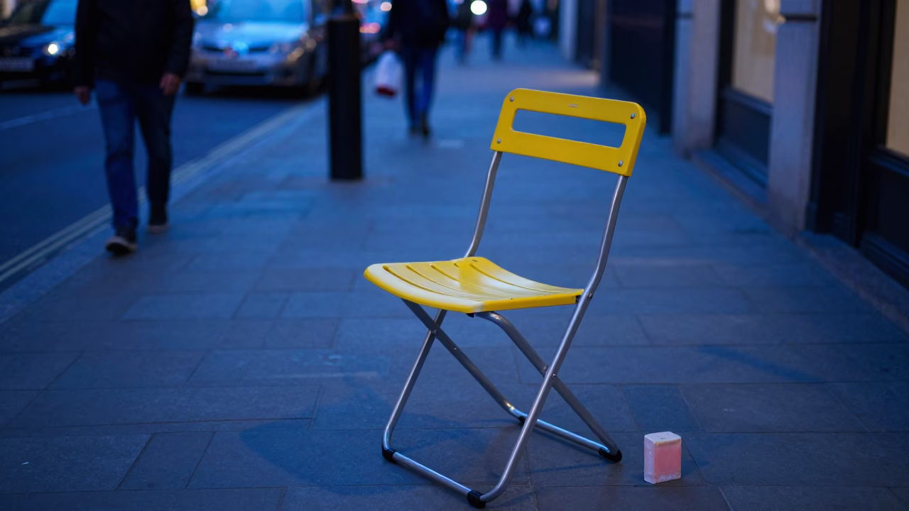 London Evening Street Scene with Folding Chair and Soap Bottle in Blue Hour Light in in London, United Kingdom