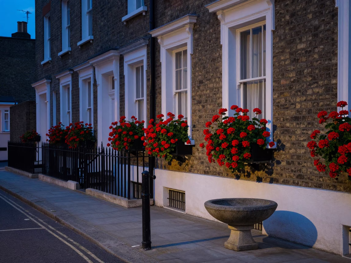London Evening Street Scene with Geraniums and Stone Bowl at Blue Hour in in London, United Kingdom