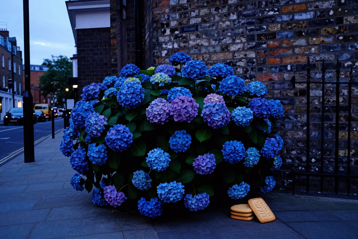 London Evening Street Scene with Hydrangeas and Vintage Cookie Tin in in London, United Kingdom