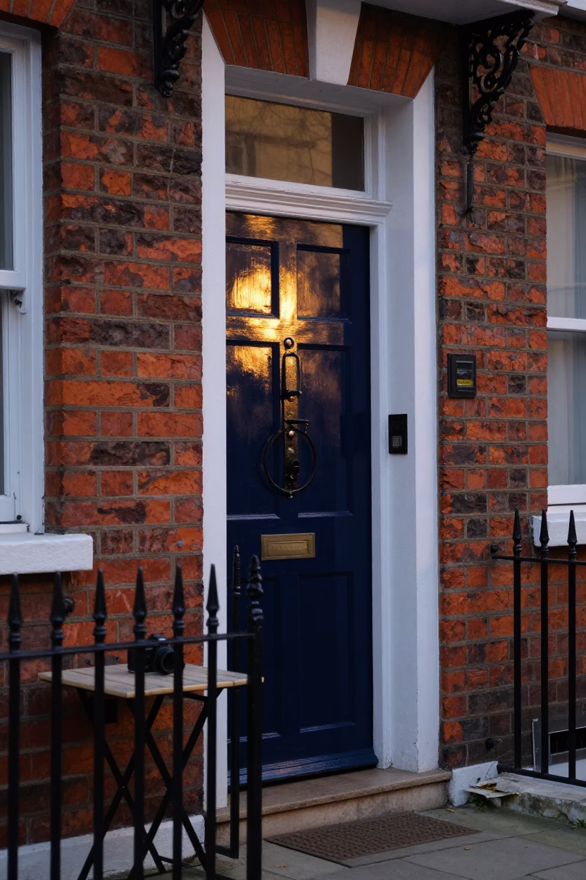 London Evening Street Scene with Iron Deadbolt and Blue White Porcelain Jar in in London, United Kingdom