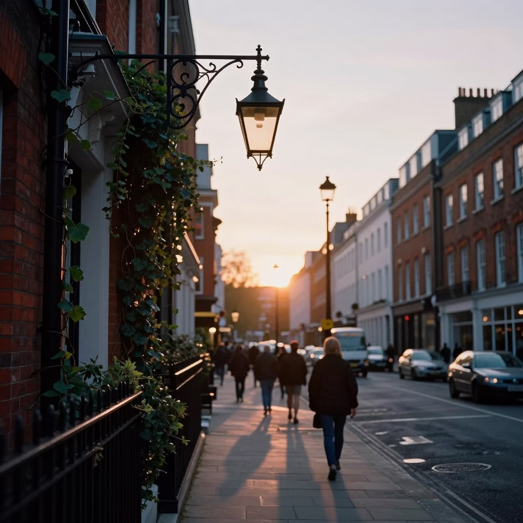 London Evening Street Scene with Lantern and Ivy Vines at Sunset in in London, United Kingdom