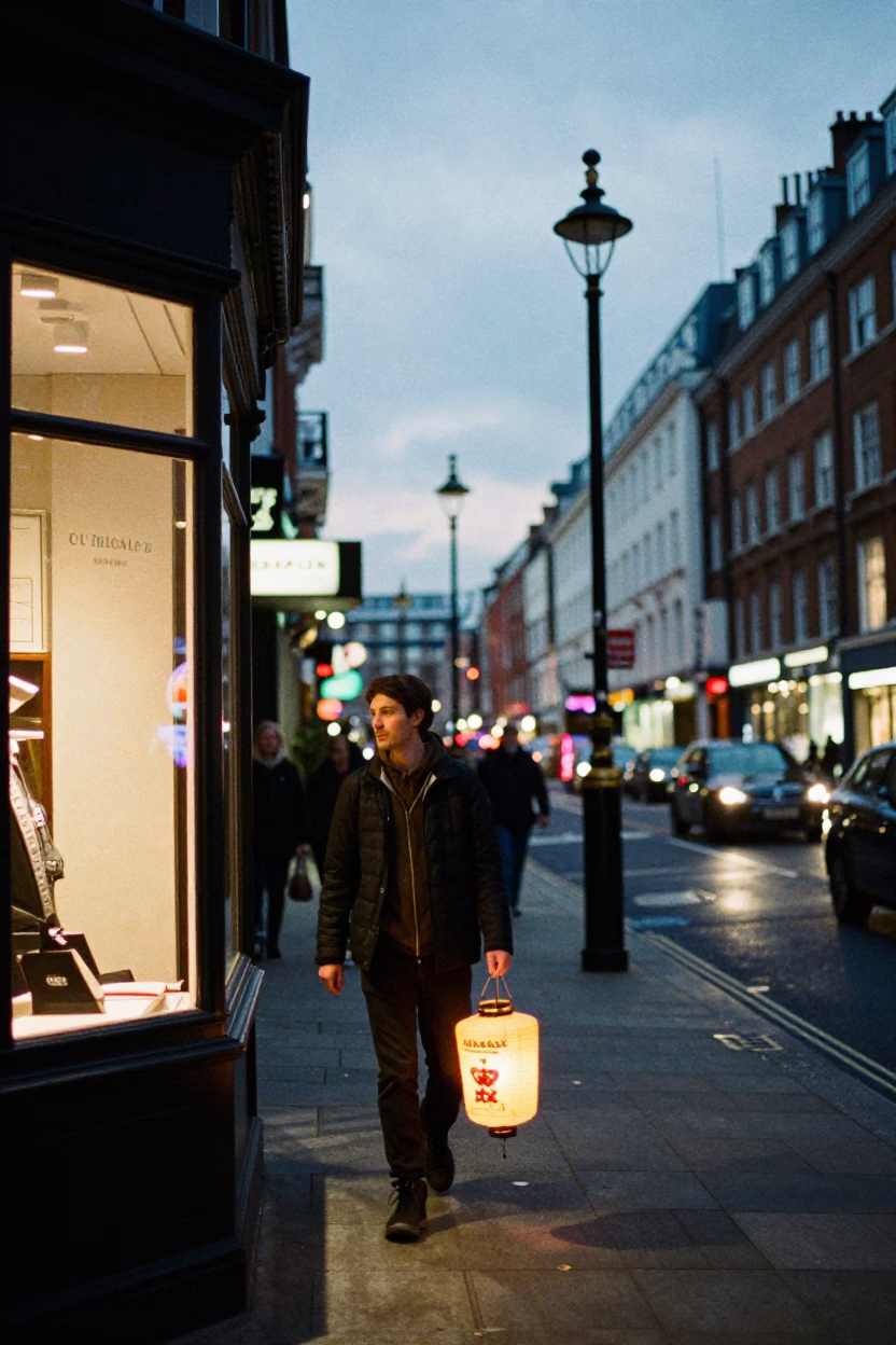 London Evening Street Scene with Lantern Glow and Urban Details in in London, United Kingdom