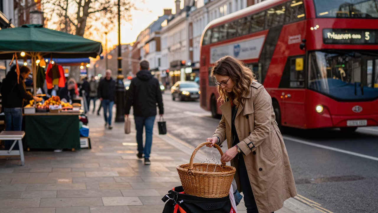 London evening street scene with mending basket and commuter details in in London, United Kingdom