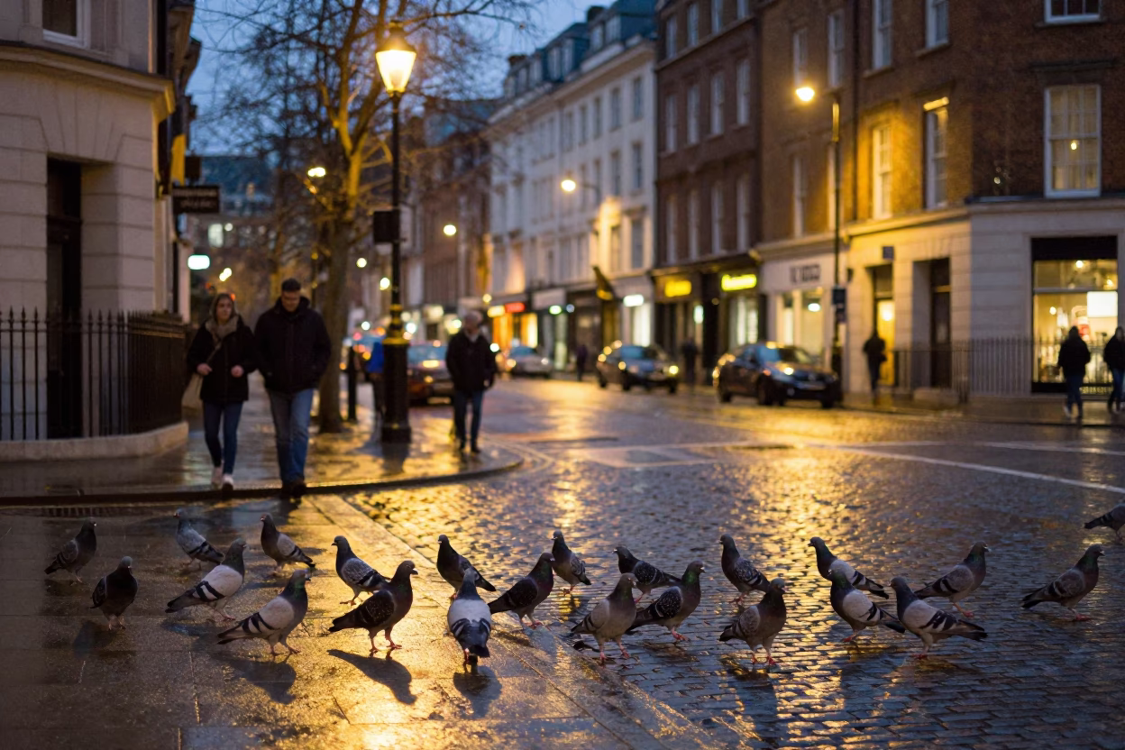 London Evening Street Scene with Pigeons and Wet Cobblestones in in London, United Kingdom