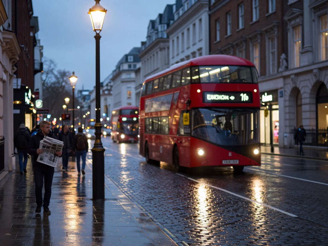 London Evening Street Scene with Red Bus and Newspaper Stack at Dusk in in London, United Kingdom