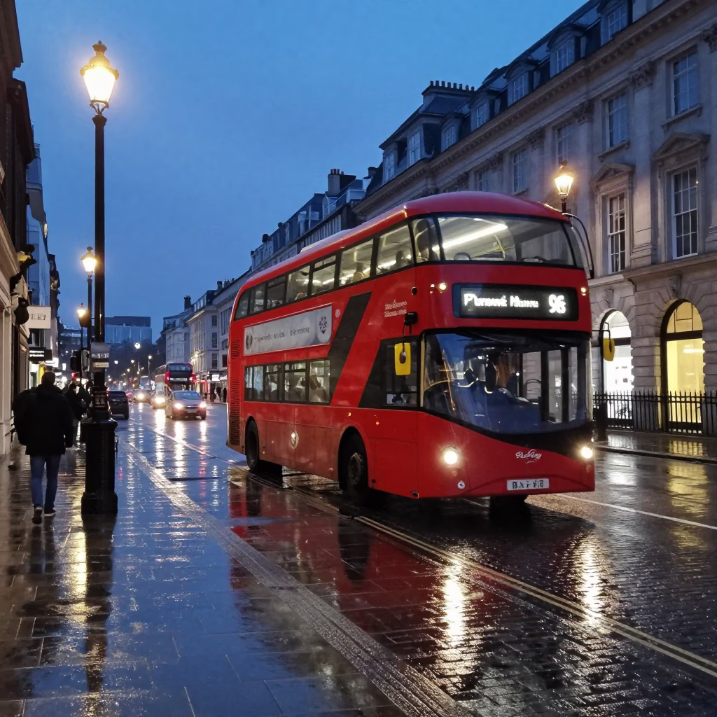 London Evening Street Scene with Red Double-Decker Bus and Cobblestone Road in in London, United Kingdom