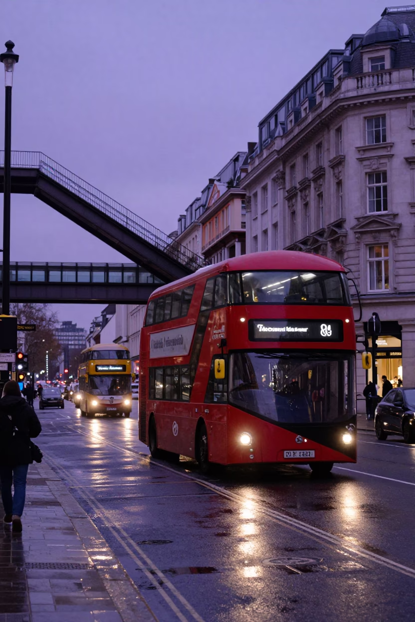 London Evening Street Scene with Red Double Decker Bus and Overpass Interchange Ramp in in London, United Kingdom