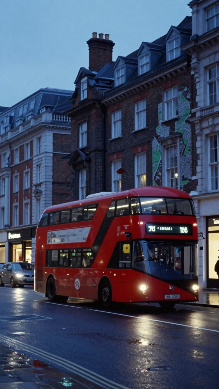 London Evening Street Scene with Red Double-Decker Bus and Urban Lichen in in London, United Kingdom
