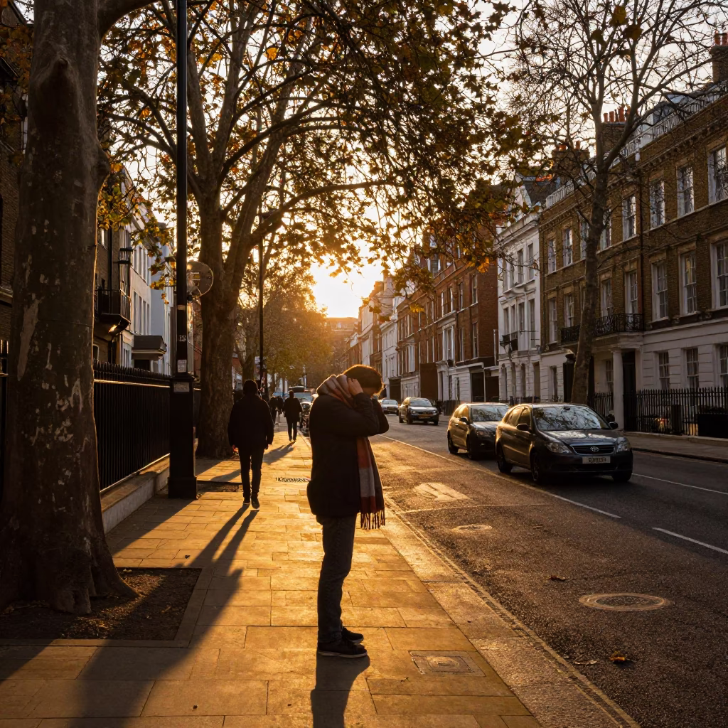 London Evening Street Scene with Scarf and Autumn Shadows in Honeyed Light in in London, United Kingdom