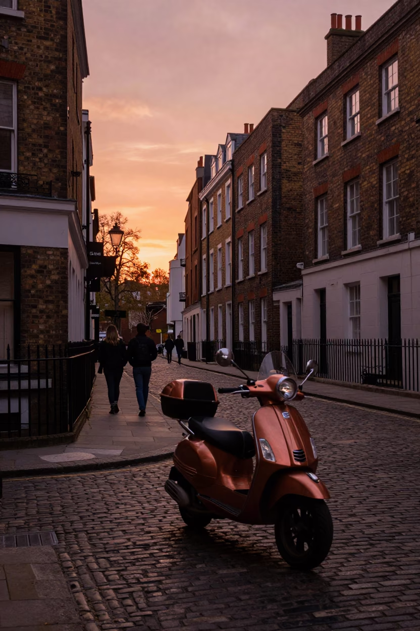 London Evening Street Scene with Scooter and Ceramic Mugs in Copper Light in in London, United Kingdom