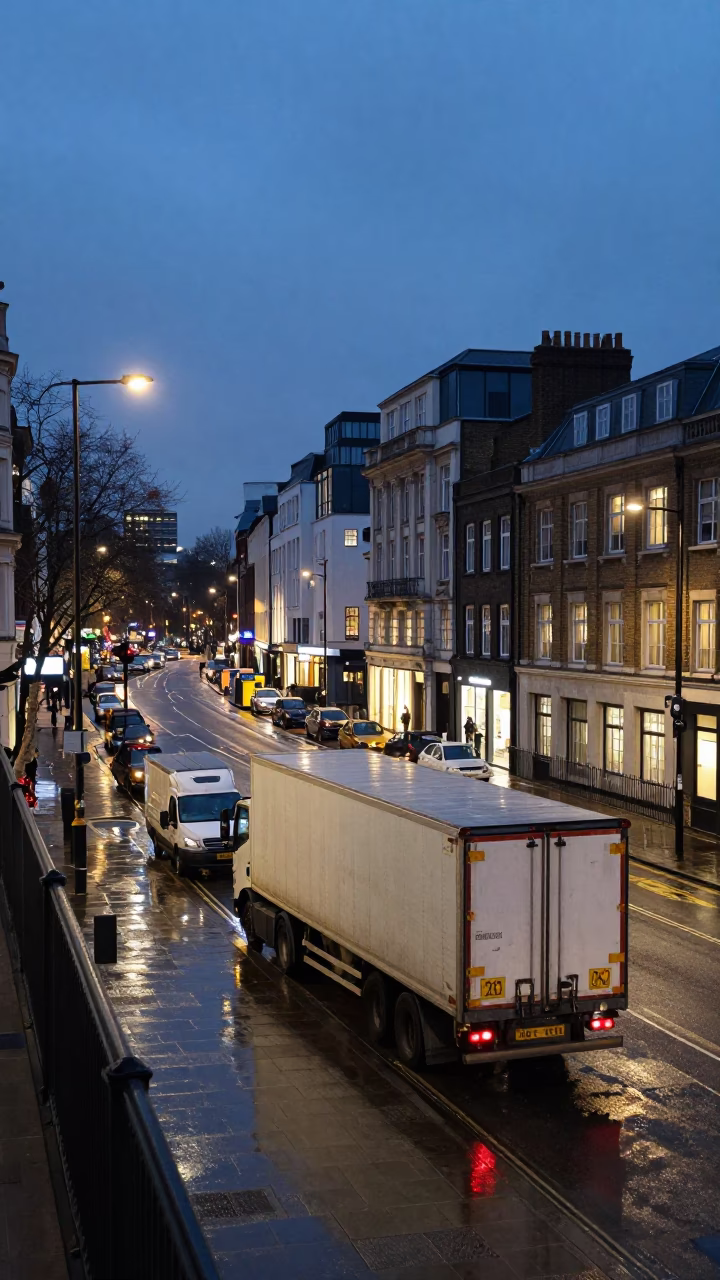 London Evening Street Scene with Semi-Trailer and City Lights at Dusk in in London, United Kingdom