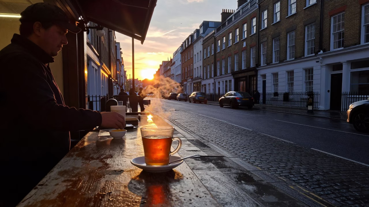 London Evening Street Scene with Steaming Genmaicha Tea and Clay Pot on Cobblestone Sidewalk in in London, United Kingdom