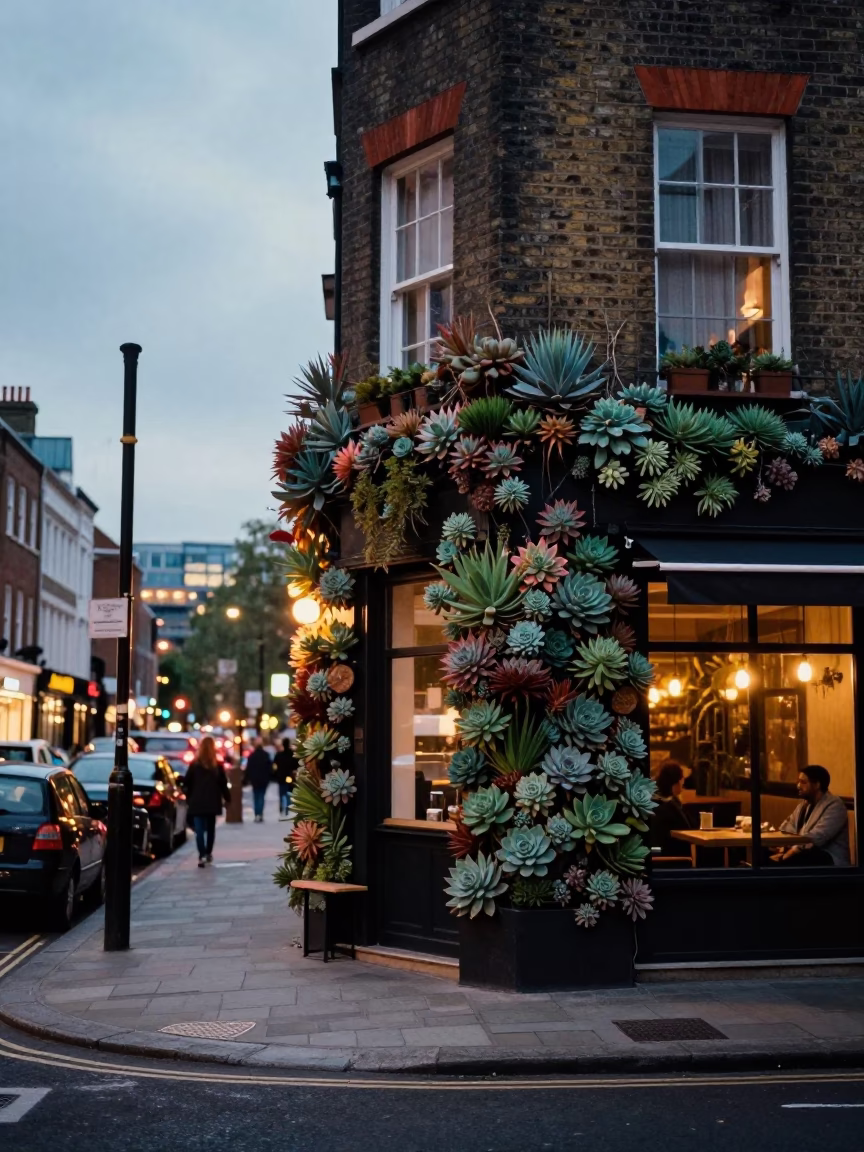 London Evening Street Scene with Succulent Cafe Wall and Glowing City Lights in in London, United Kingdom