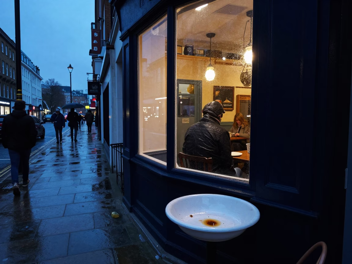 London evening street scene with tea stains on basin and urban architecture in in London, United Kingdom