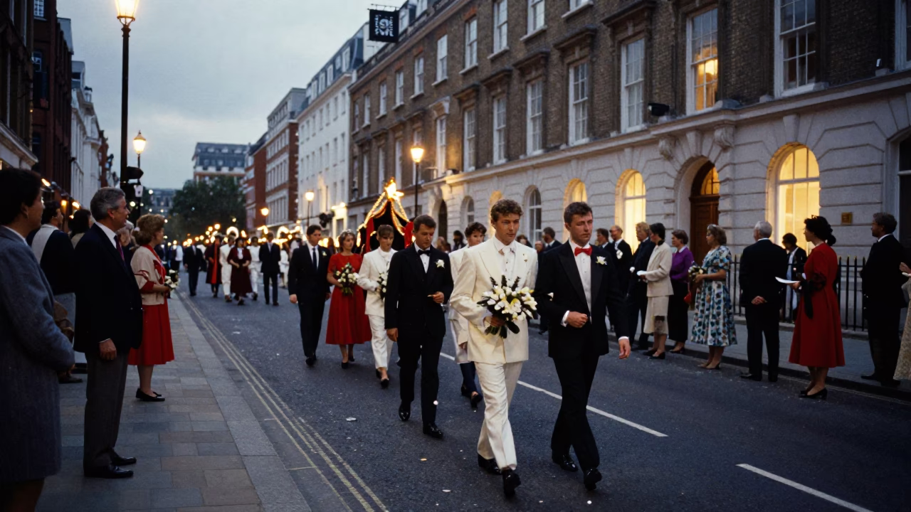 London Evening Street Scene with Traditional Wedding Procession and City Lights in in London, United Kingdom