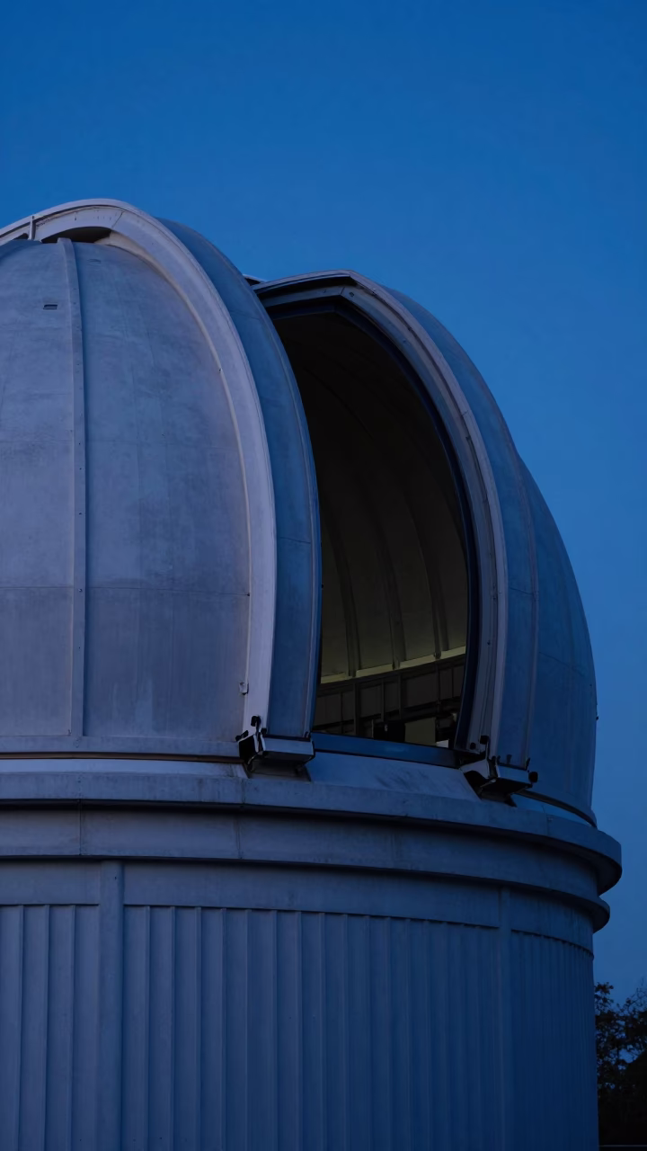 London Evening Twilight Observatory Dome Opening Under Blue Light Sky in in London, United Kingdom
