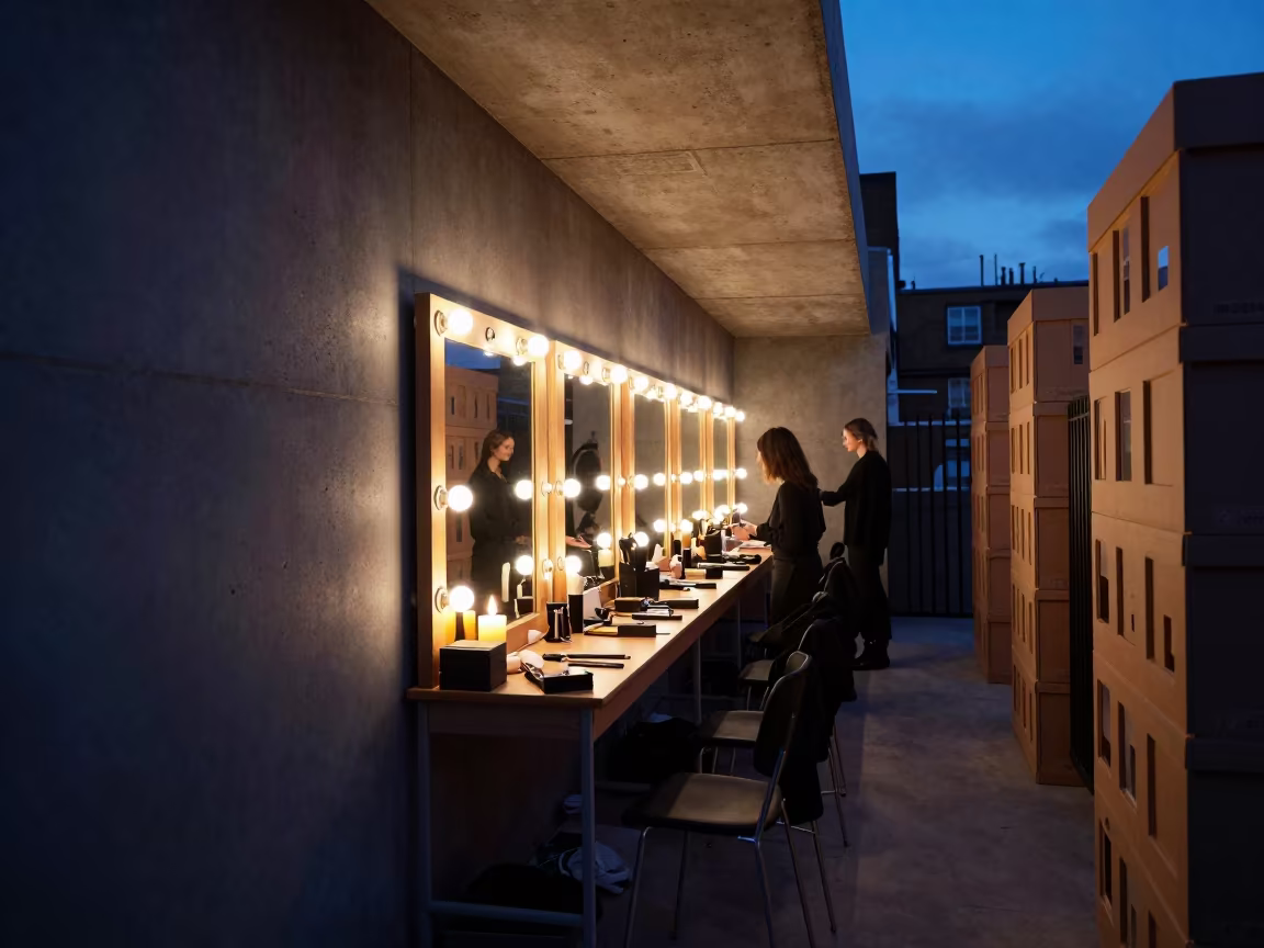 London Fashion Backstage Mirror with Tiny Buildings in in a backstage changing corridor in London