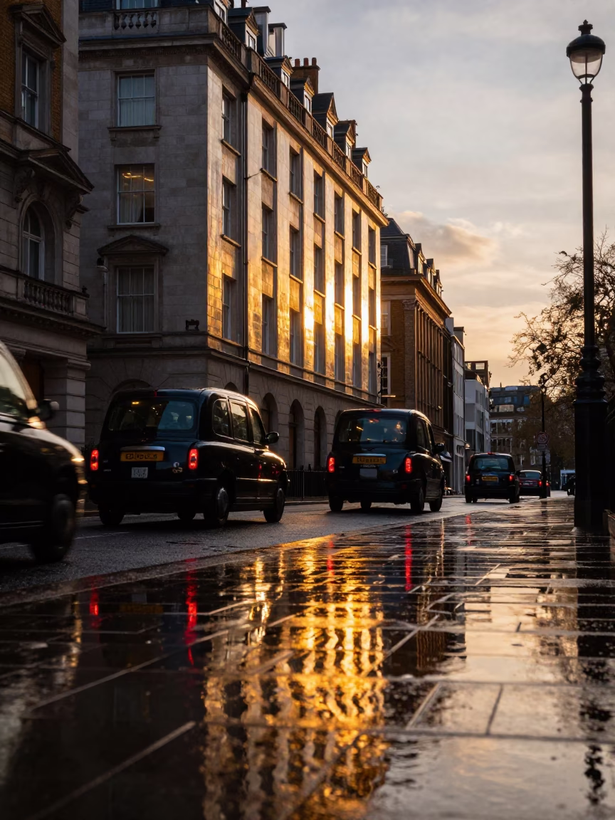London Golden Hour Puddle Reflection Hotel Windows and Tail Lights in in London, United Kingdom