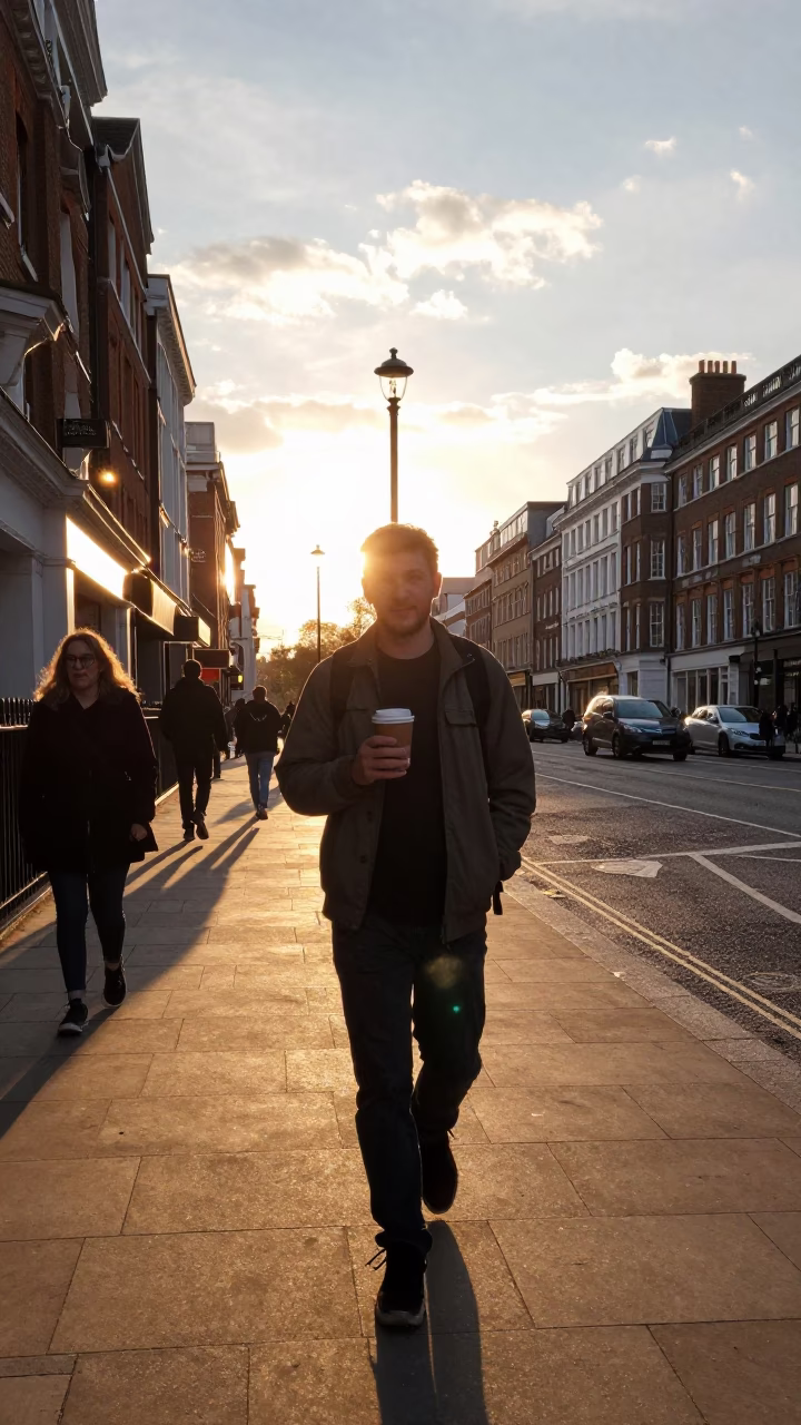 London Golden Hour Street Scene with Coffee Cup and Urban Details in in London, United Kingdom