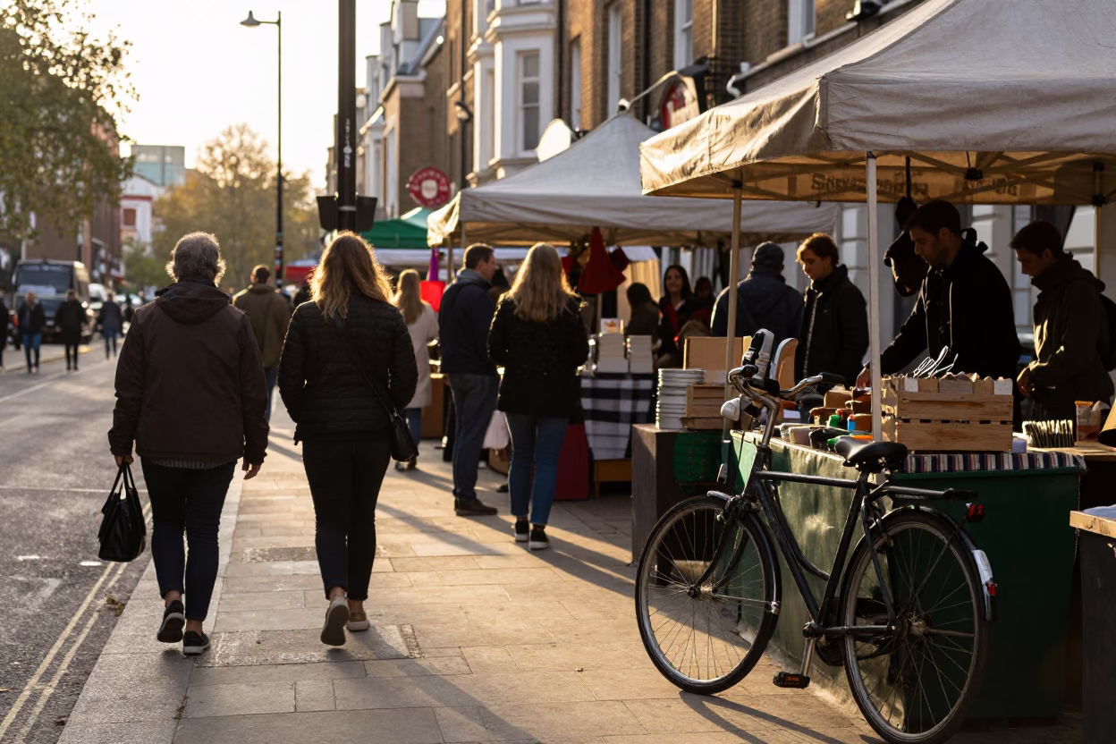 London Golden Hour Street Scene with Vintage Bicycle and Local Market Details in in London, United Kingdom