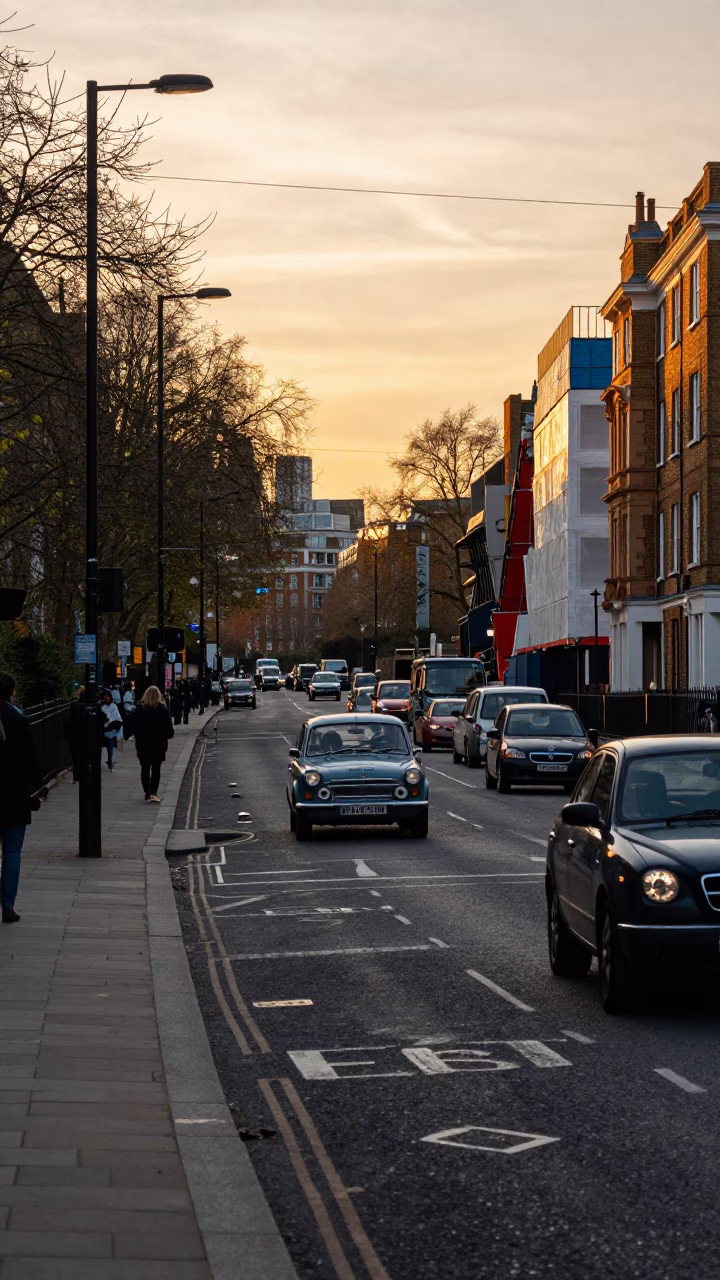 London Golden Hour Street Scene with Vintage Car Rally and Construction Site in in London, United Kingdom