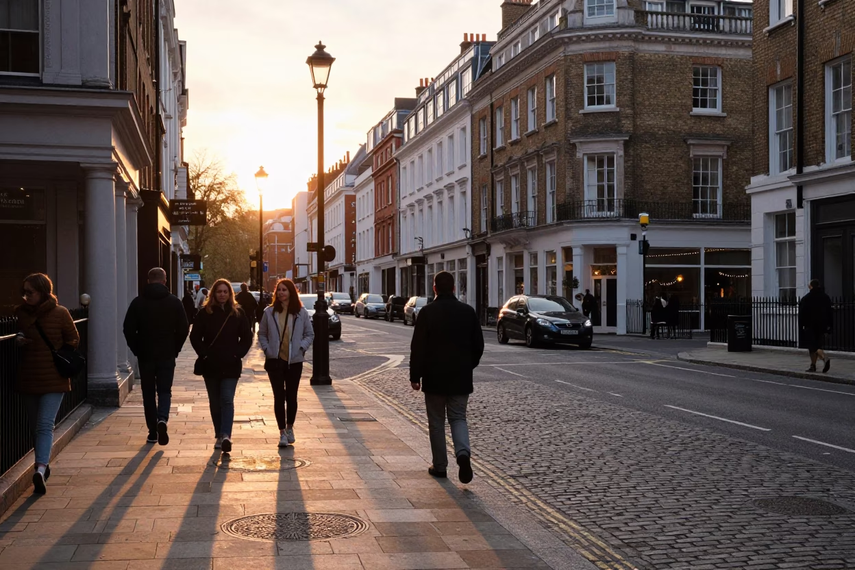 London Golden Hour Street Scene with Vintage Elements and Local Life in in London, United Kingdom