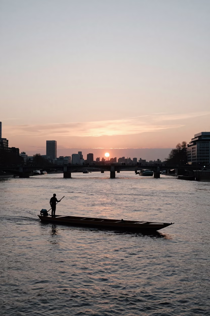 London Horizon Sunset View of Thames River with Punt and City Skyline in in London, United Kingdom