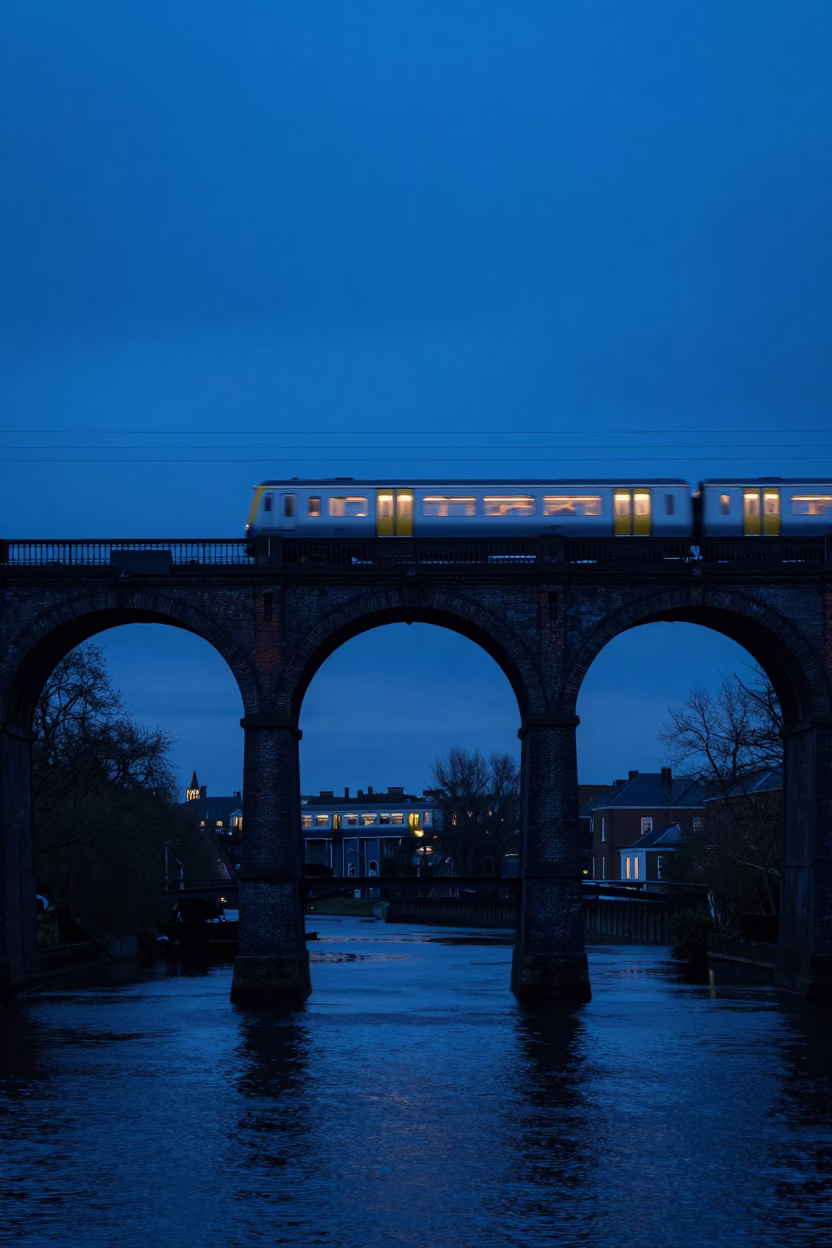 London Indigo Twilight Railway Viaduct Arches and Passing Train Reflection in in London, United Kingdom