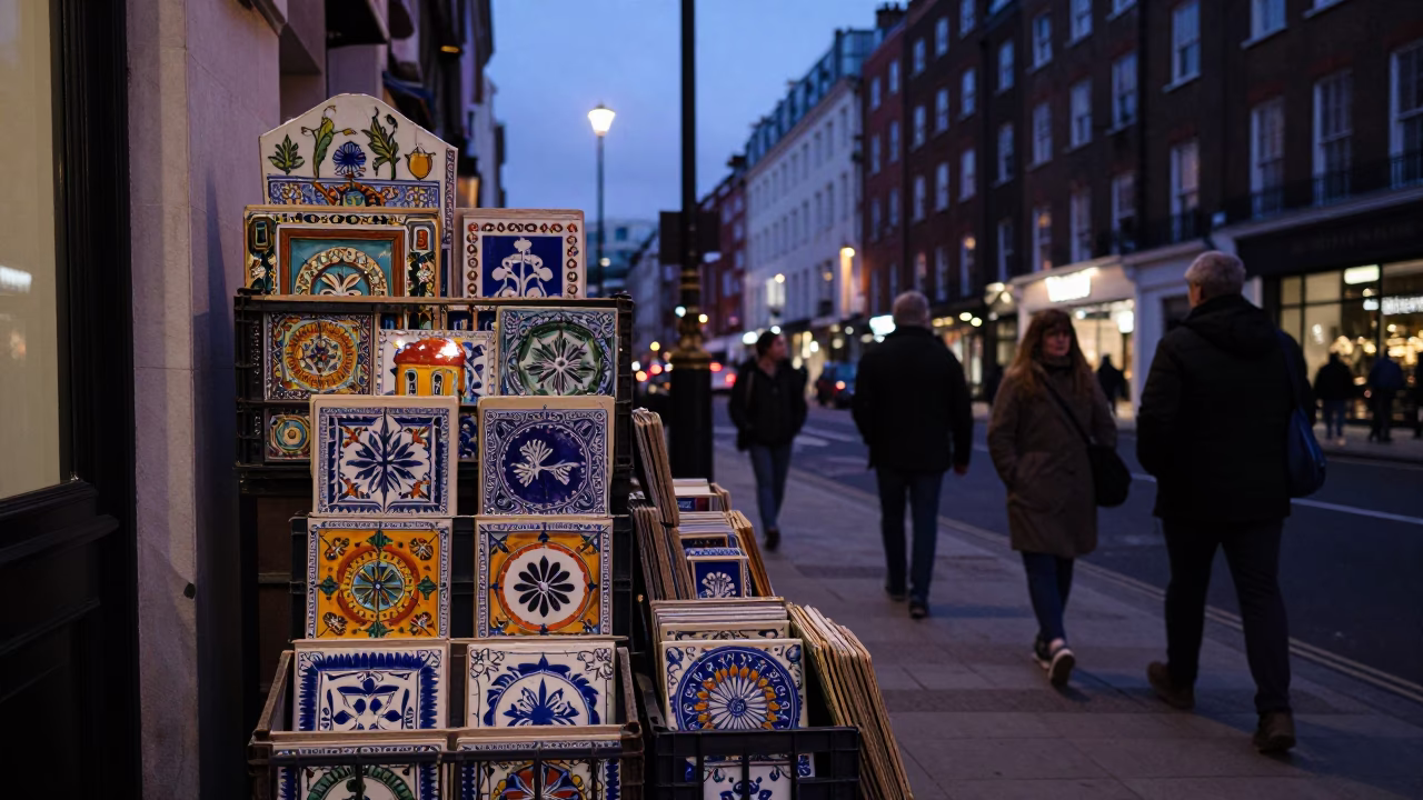 London Indigo Twilight Street Scene with Ceramic Tiles and Twine Fiber Details in in London, United Kingdom