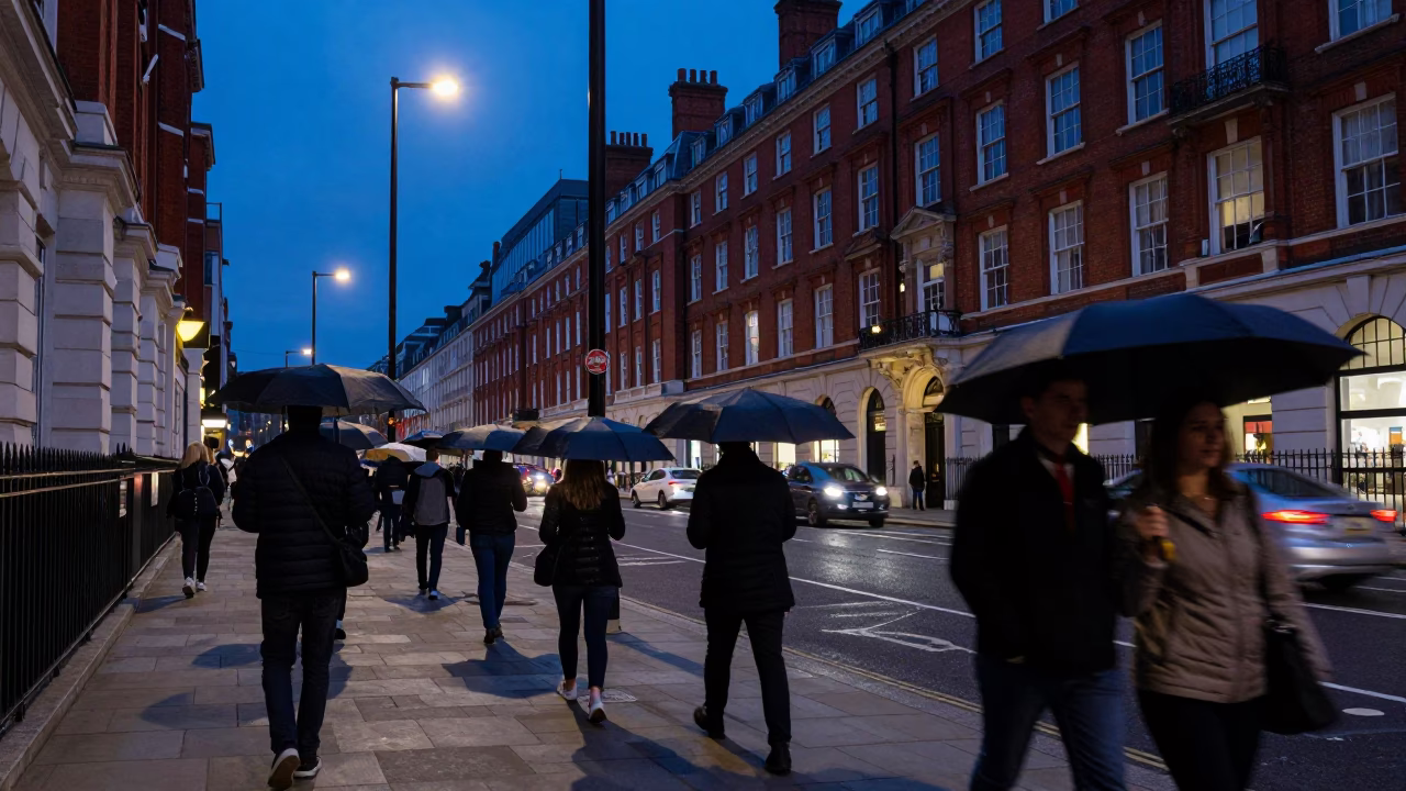 London indigo twilight street scene with commuter umbrellas and brick architecture in in London, United Kingdom