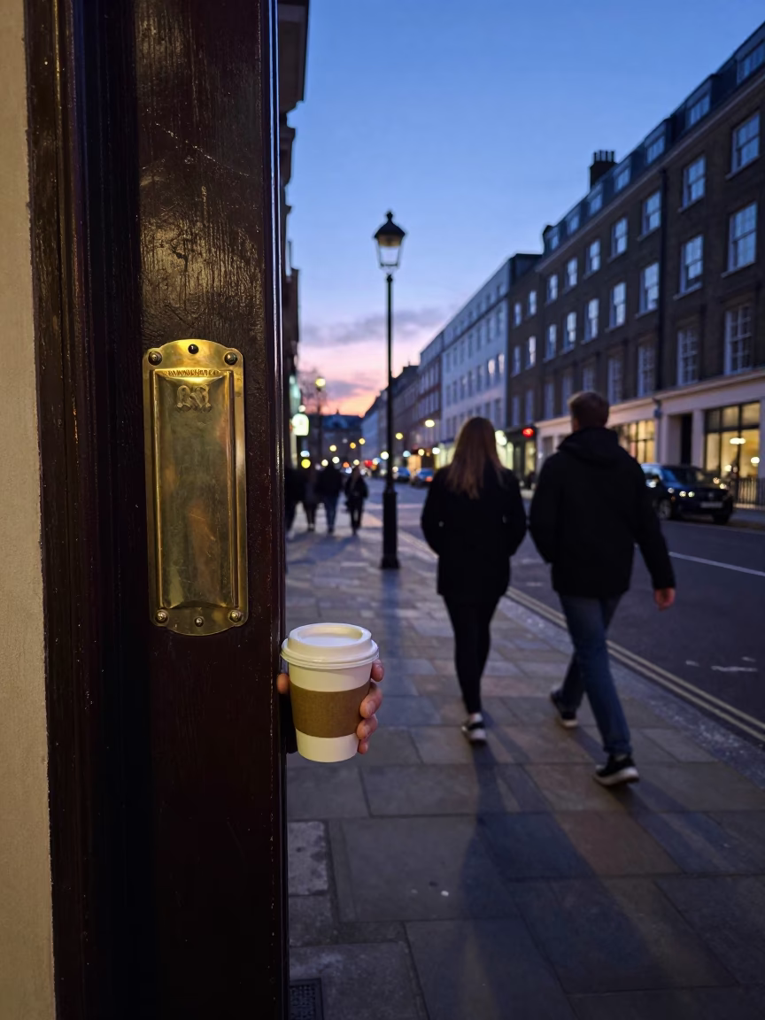 London Indigo Twilight Street Scene with Espresso Cup and Brass Escutcheon in in London, United Kingdom
