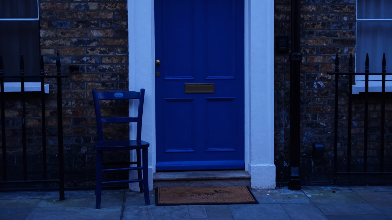 London Indigo Twilight Street Scene with Ladder-Back Chair and Doormat in in London, United Kingdom