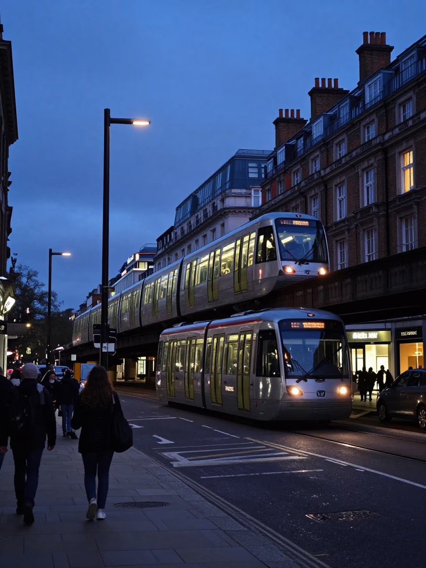 London Indigo Twilight Street Scene with Monorail and Vintage Clock in in London, United Kingdom