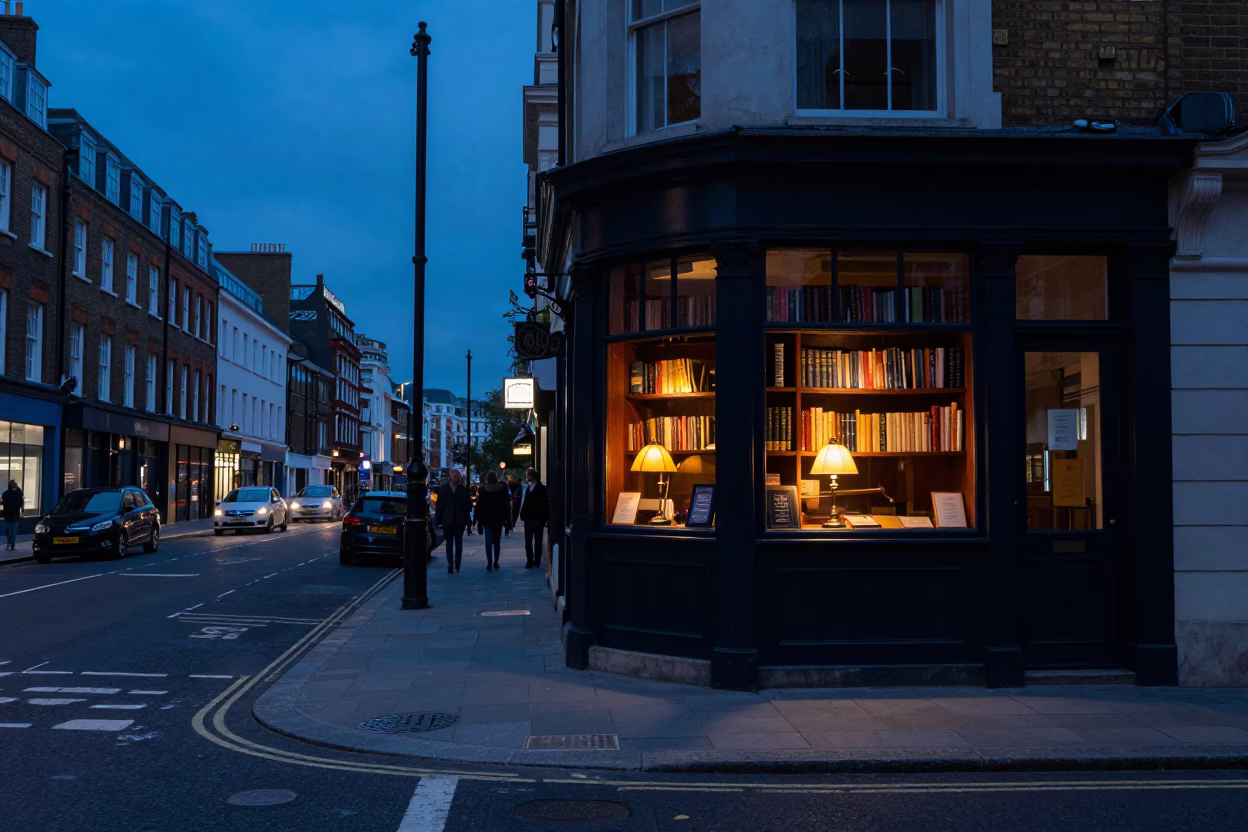 London Indigo Twilight Street Scene with Nectarines and Soap Case on Cobblestone in in London, United Kingdom