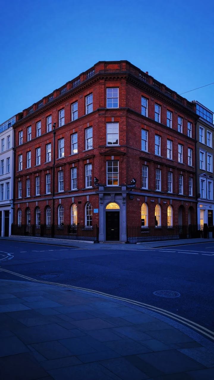 London Indigo Twilight Street Scene with Red Brick Building and Bicycle Rack in in London, United Kingdom