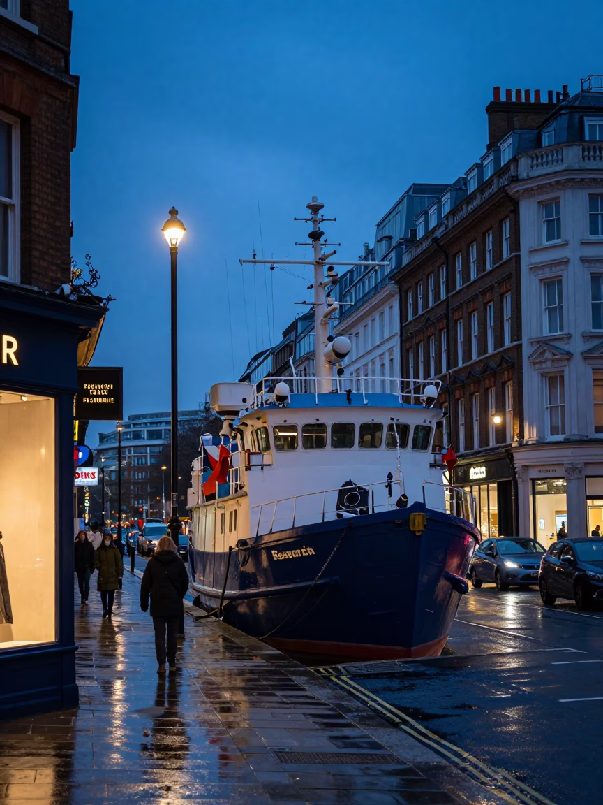 London Indigo Twilight Street Scene with Research Vessel Equipment and Water Rings on Rail in in London, United Kingdom