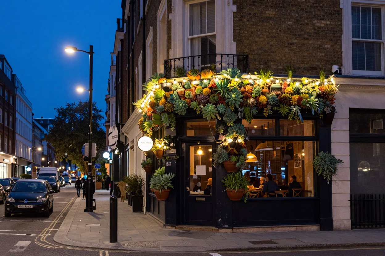 London Indigo Twilight Street Scene with String Lights and Succulent Living Wall in in London, United Kingdom