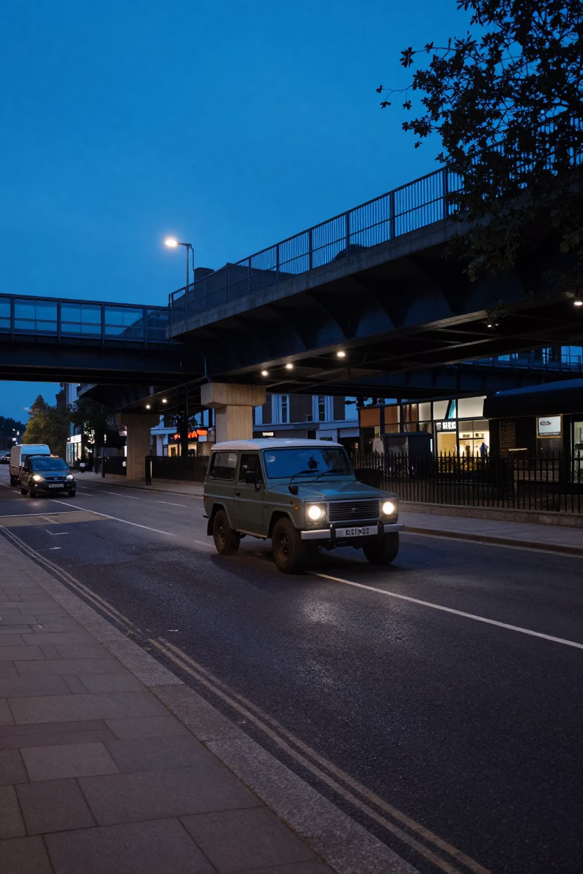London indigo twilight street scene with vintage SUV and urban architecture in in London, United Kingdom