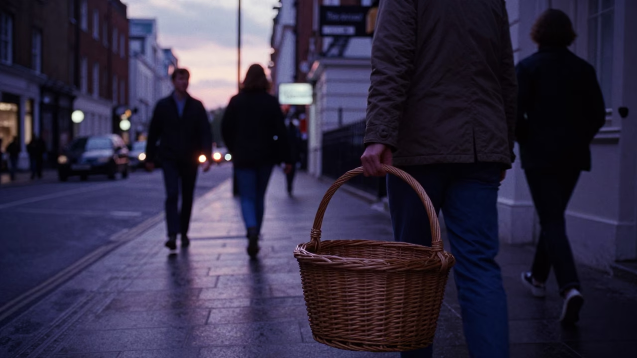 London Indigo Twilight Street Scene with Wicker Basket and Mille-Feuille Slice in in London, United Kingdom