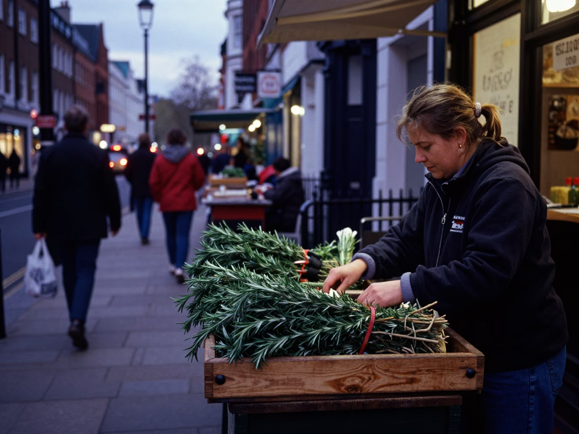 London Indigo Twilight Street Scene with Wooden Tray and Rosemary Sprigs in in London, United Kingdom