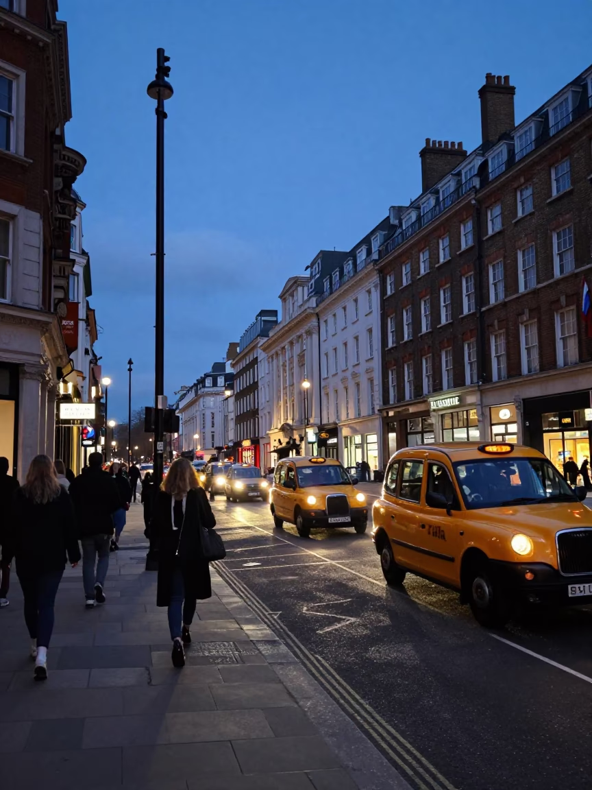 London Indigo Twilight Street Scene with Yellow Taxi and Fern Fronds in in London, United Kingdom
