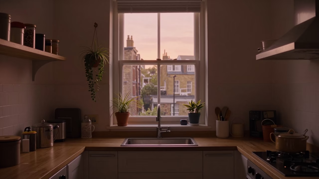 London Kitchen Interior at Copper-toned Light Before Dusk in in London, United Kingdom