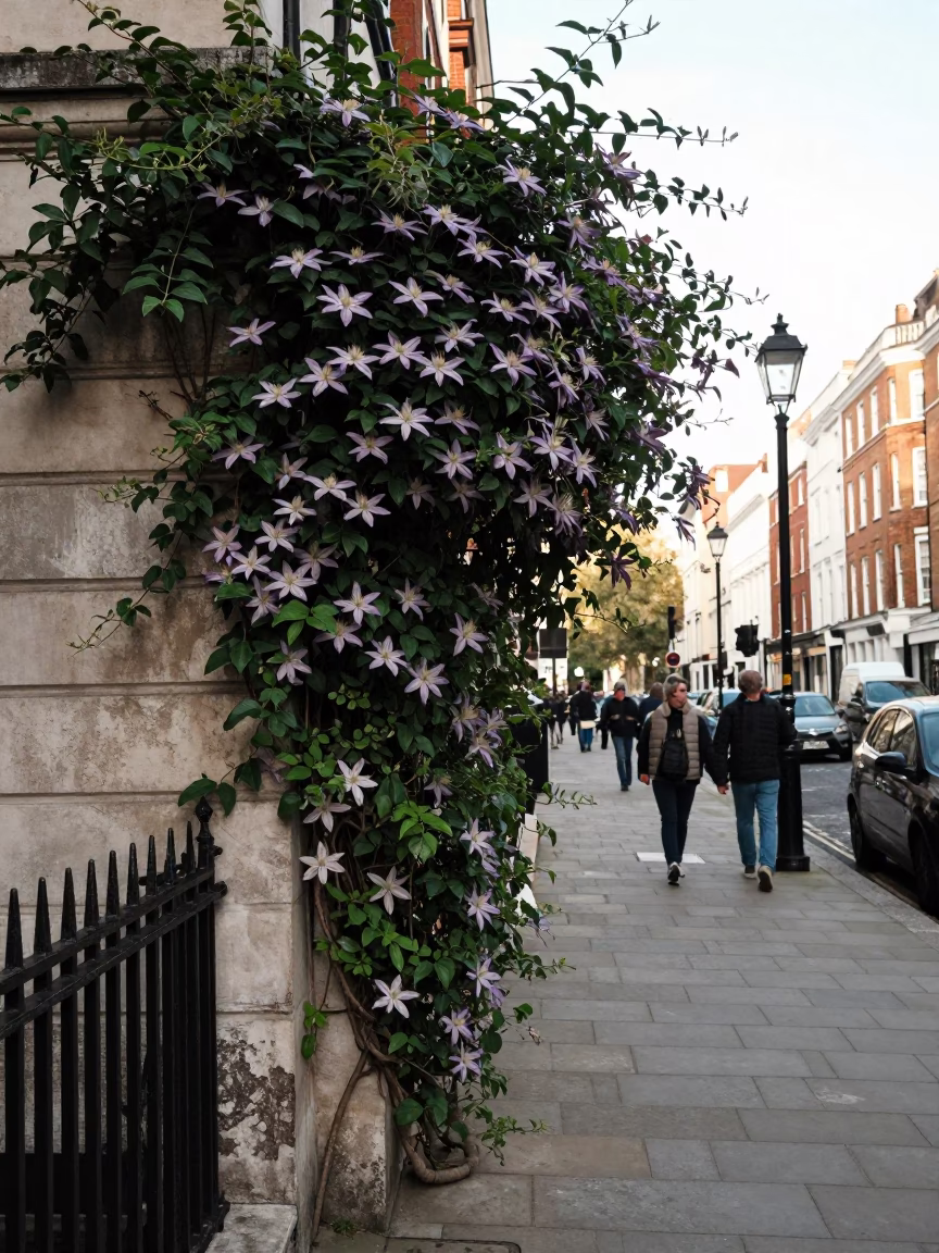 London Late Morning Street Scene With Clematis Vine and Brutalist Architecture in in London, United Kingdom