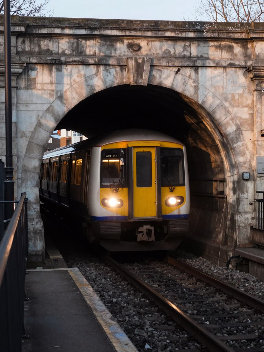 London Metro Train Emerging from Tunnel into Late Afternoon Daylight in in London, United Kingdom