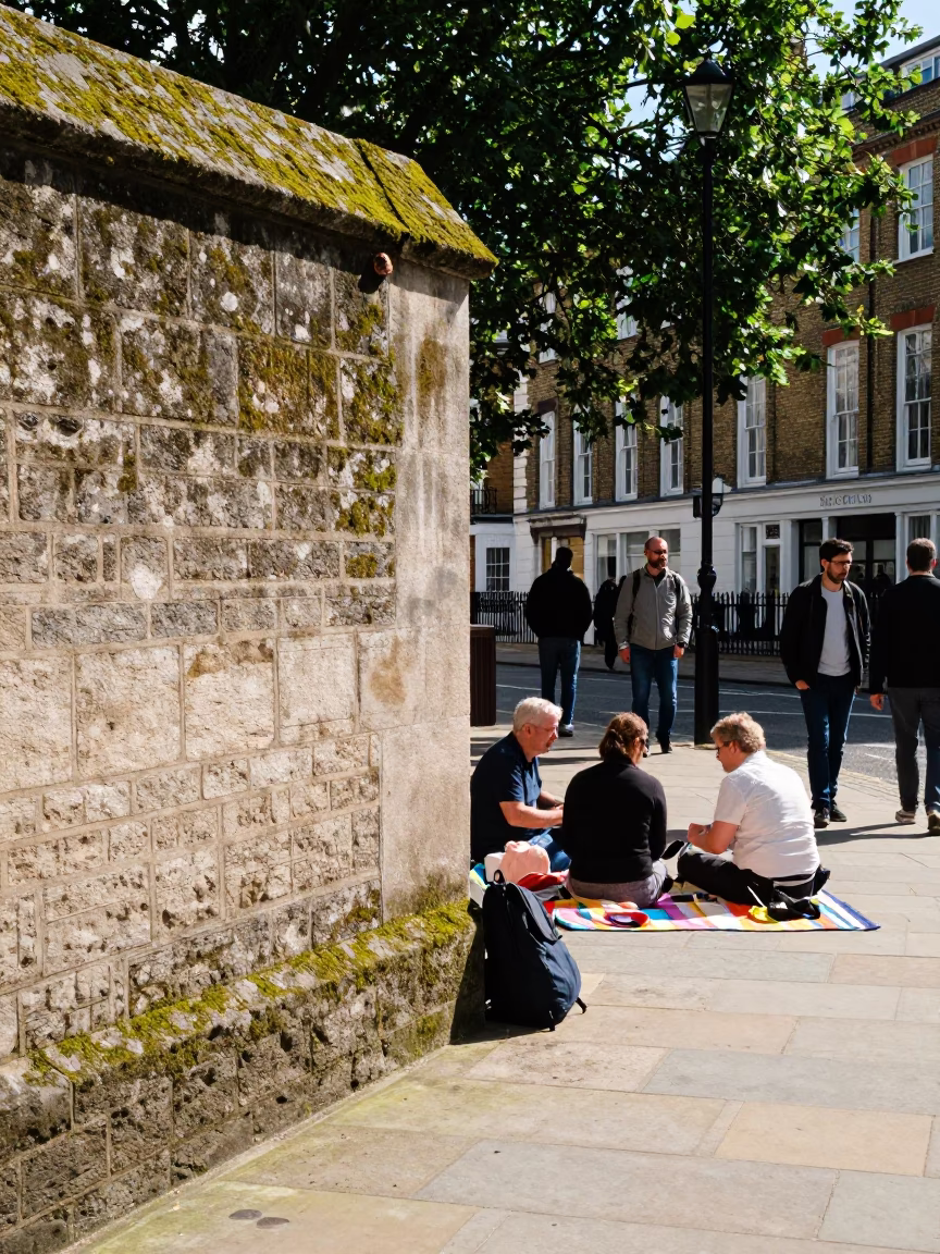 London Midday Street Scene with Mossy Stone Wall and Picnic Blanket in in London, United Kingdom